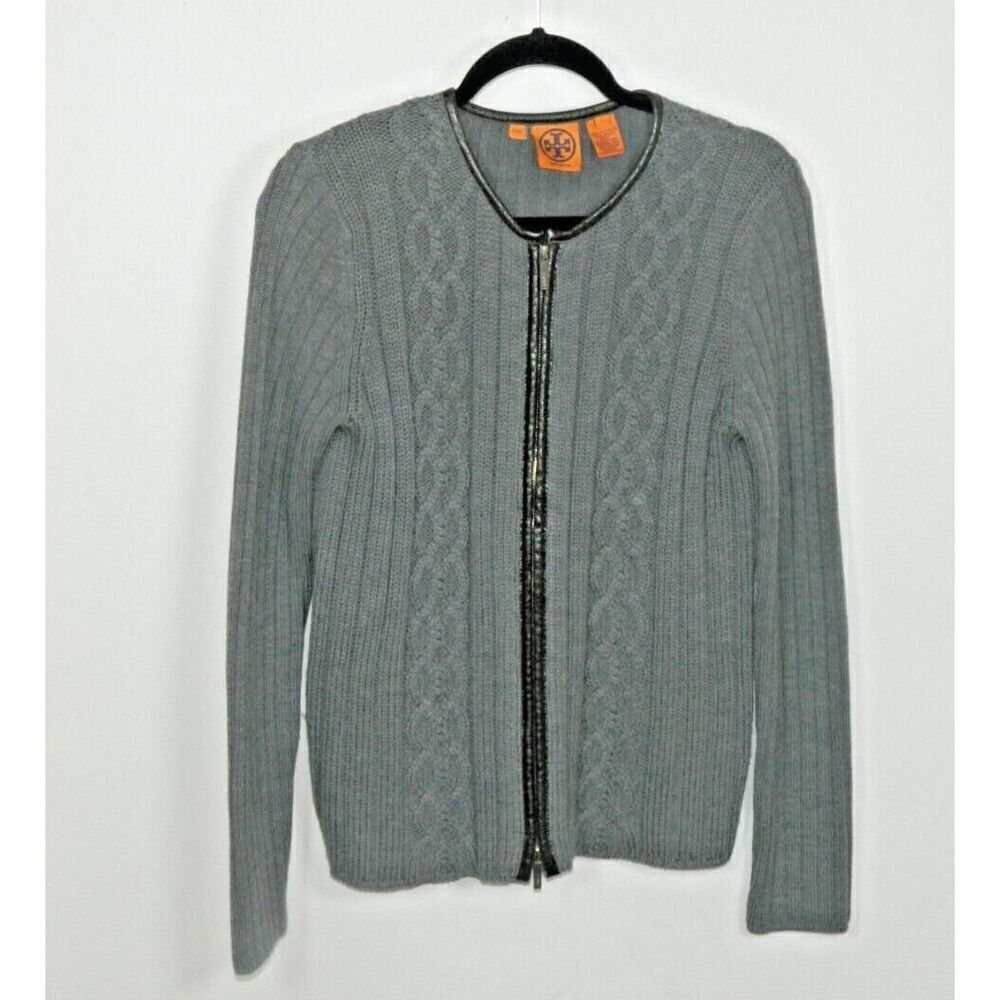 Tory Burch Sweater Cardigan Size Large Gray Wool Leather Trim Round Neck Zip Up